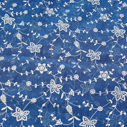 Royal Blue Floral Vine Thread Embroidered Fabric.