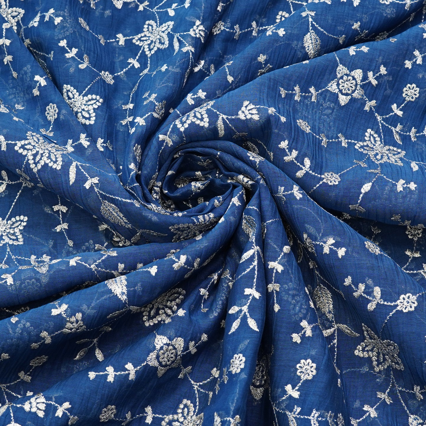 Royal Blue Floral Vine Thread Embroidered Fabric.
