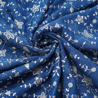 Royal Blue Floral Vine Thread Embroidered Fabric.