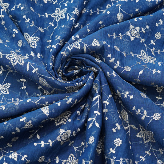 Royal Blue Floral Vine Thread Embroidered Fabric.