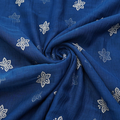 Royal Blue Butti Thread Embroidered Fabric.