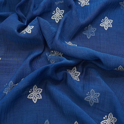 Royal Blue Butti Thread Embroidered Fabric.