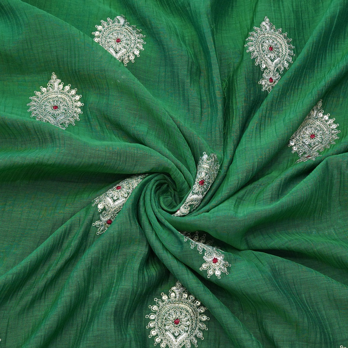Emerald Green Paisley Thread Embroidered Fabric