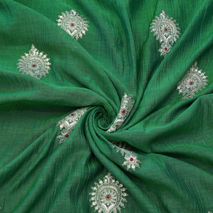 Emerald Green Paisley Thread Embroidered Fabric