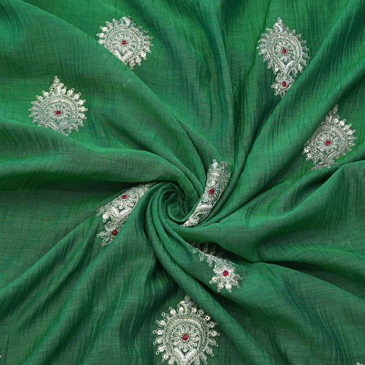 Emerald Green Paisley Thread Embroidered Fabric