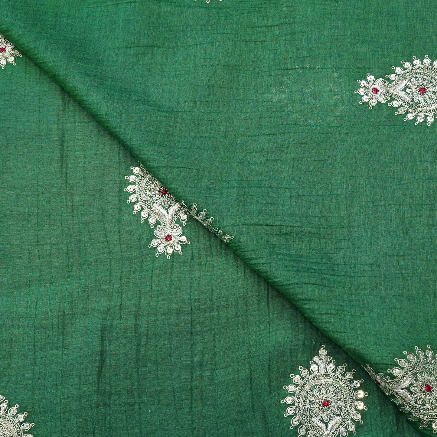 Emerald Green Paisley Thread Embroidered Fabric