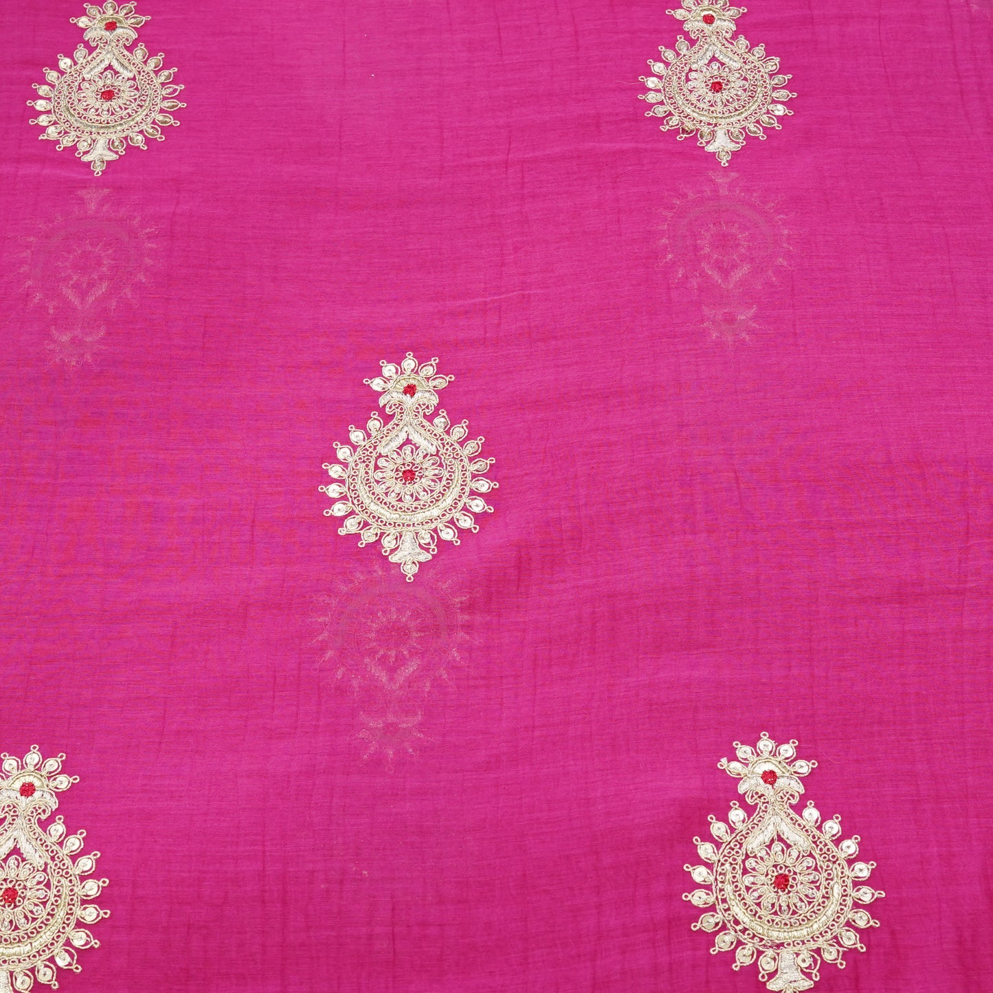 Fuchsia Paisley Thread Embroidered Fabric.