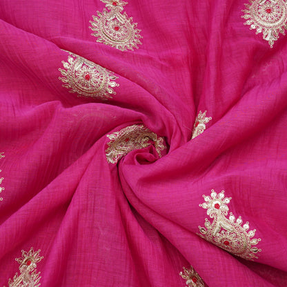 Fuchsia Paisley Thread Embroidered Fabric.