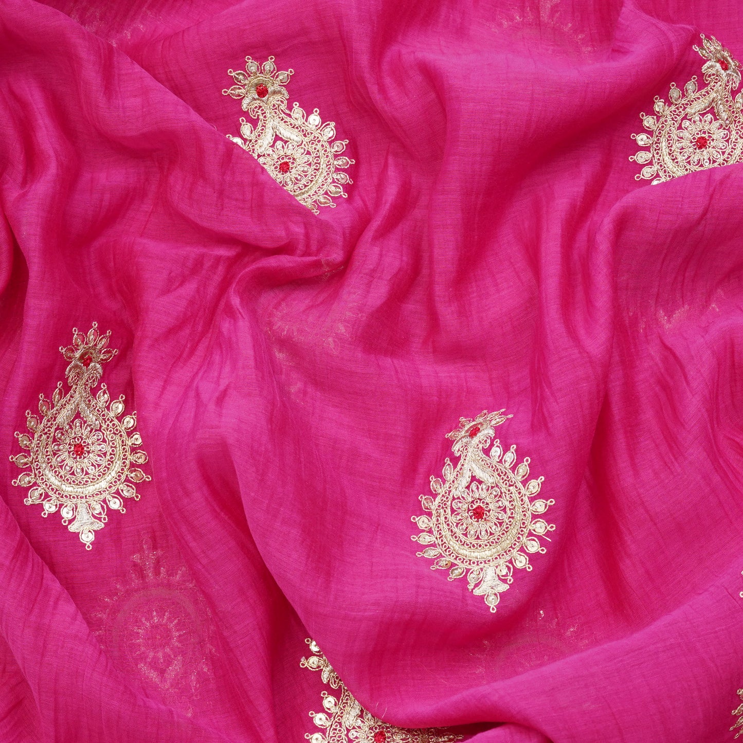 Fuchsia Paisley Thread Embroidered Fabric.