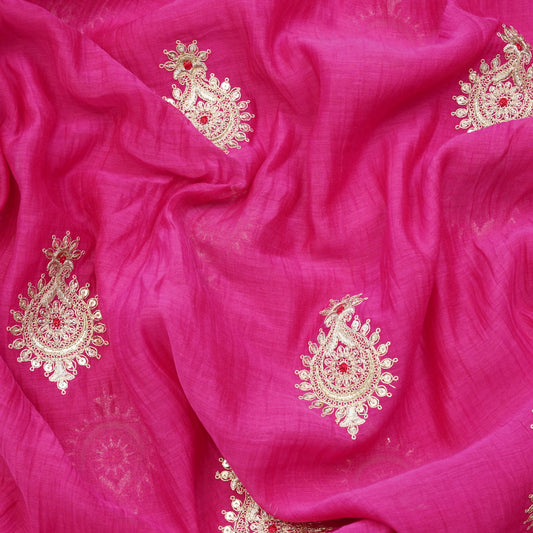 Fuchsia Paisley Thread Embroidered Fabric.