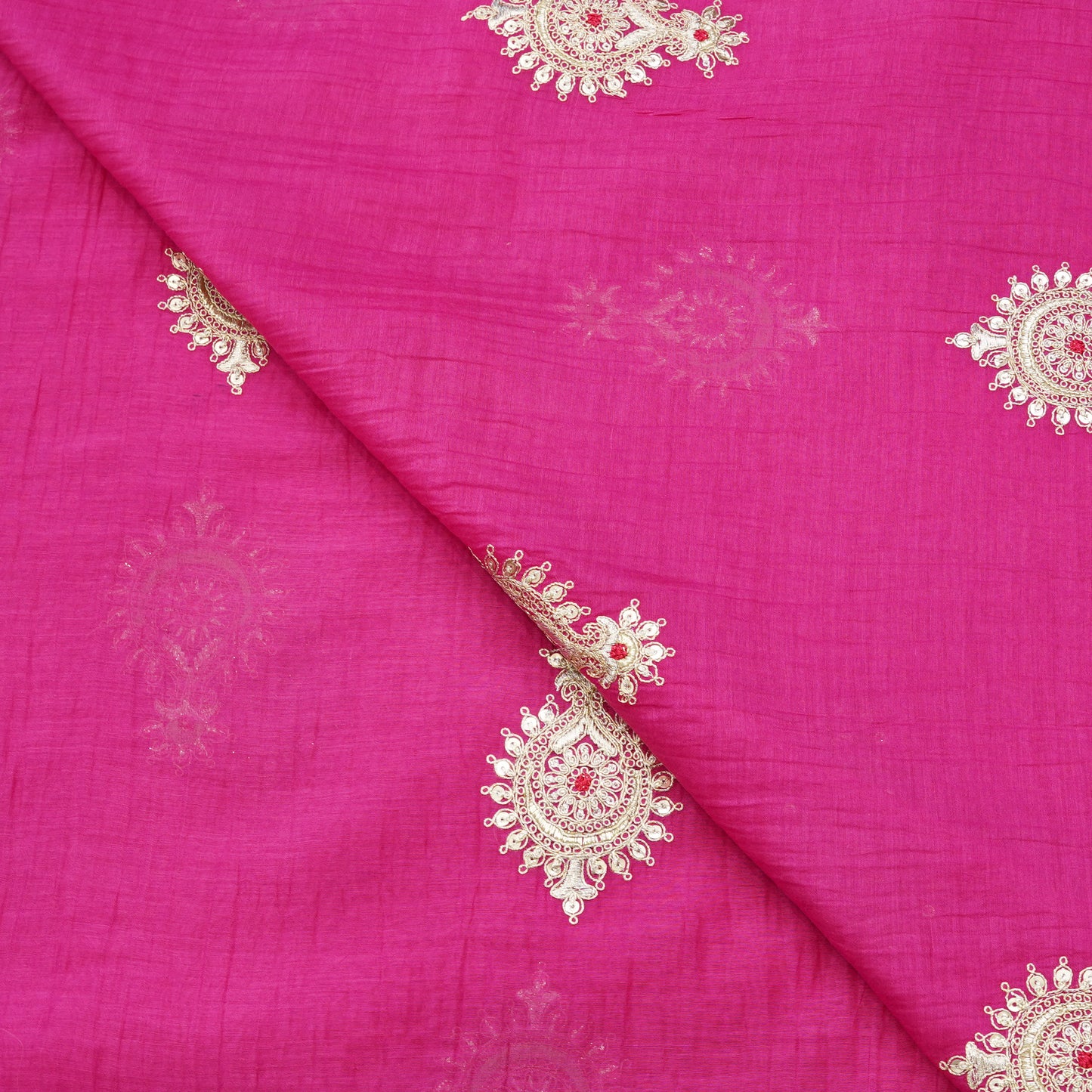 Fuchsia Paisley Thread Embroidered Fabric.