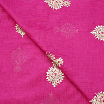 Fuchsia Paisley Thread Embroidered Fabric.