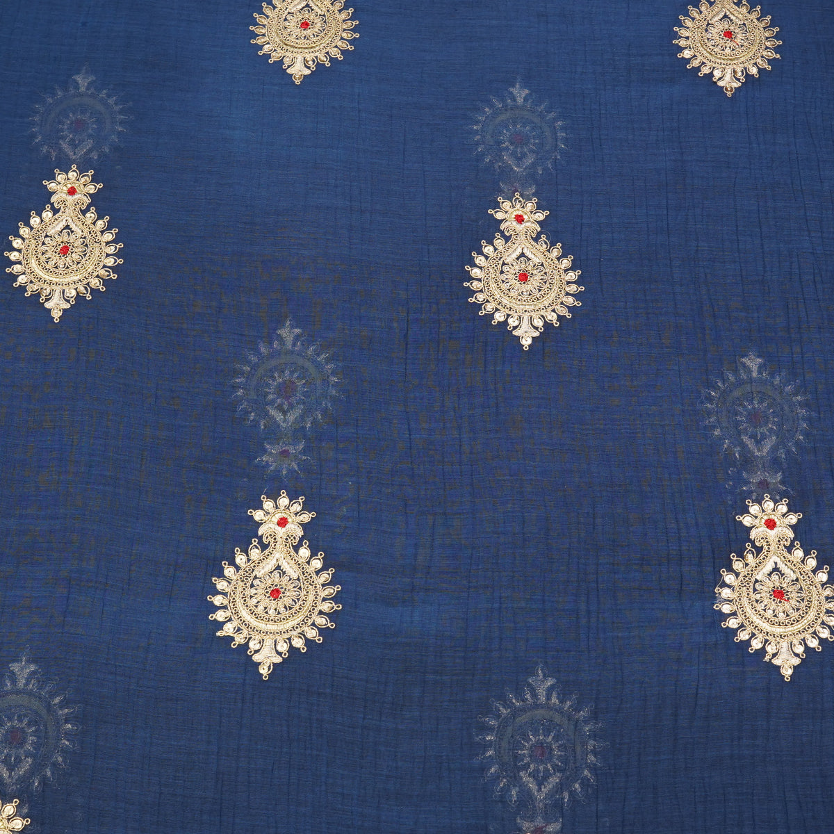 Navy Blue Paisley Thread Embroidered Fabric