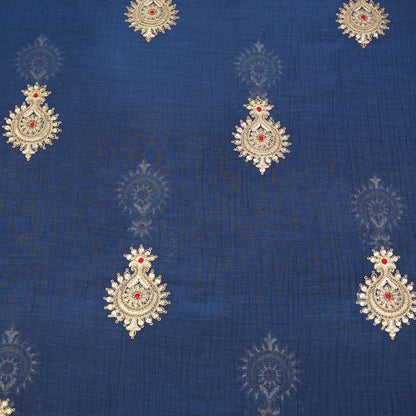 Navy Blue Paisley Thread Embroidered Fabric