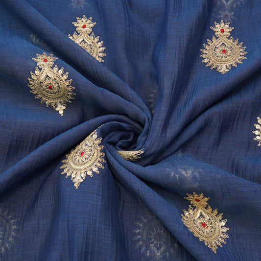 Navy Blue Paisley Thread Embroidered Fabric