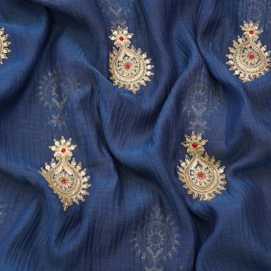 Navy Blue Paisley Thread Embroidered Fabric