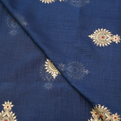 Navy Blue Paisley Thread Embroidered Fabric