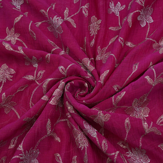 Fuchsia Floral Vine Thread Embroidered Fabric