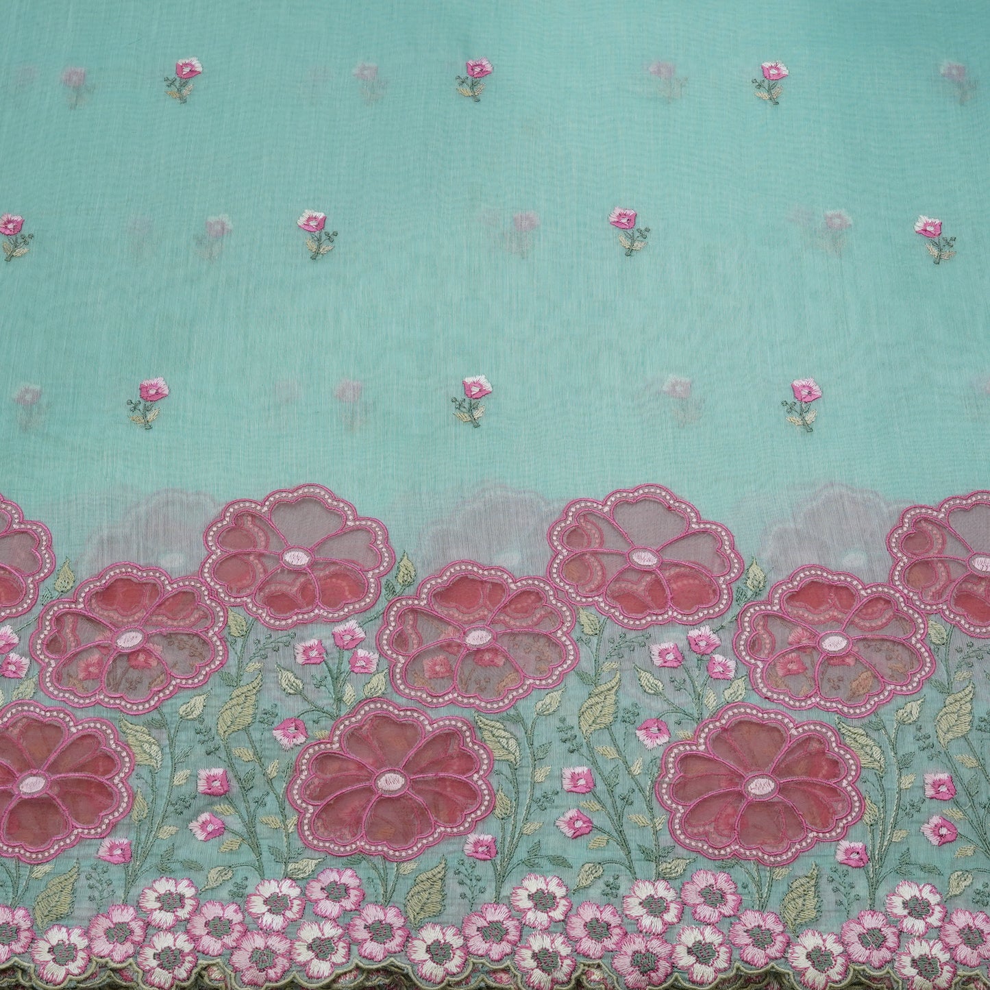 Aqua Blue Floral Border Embroidered Mul Chanderi Fabric.