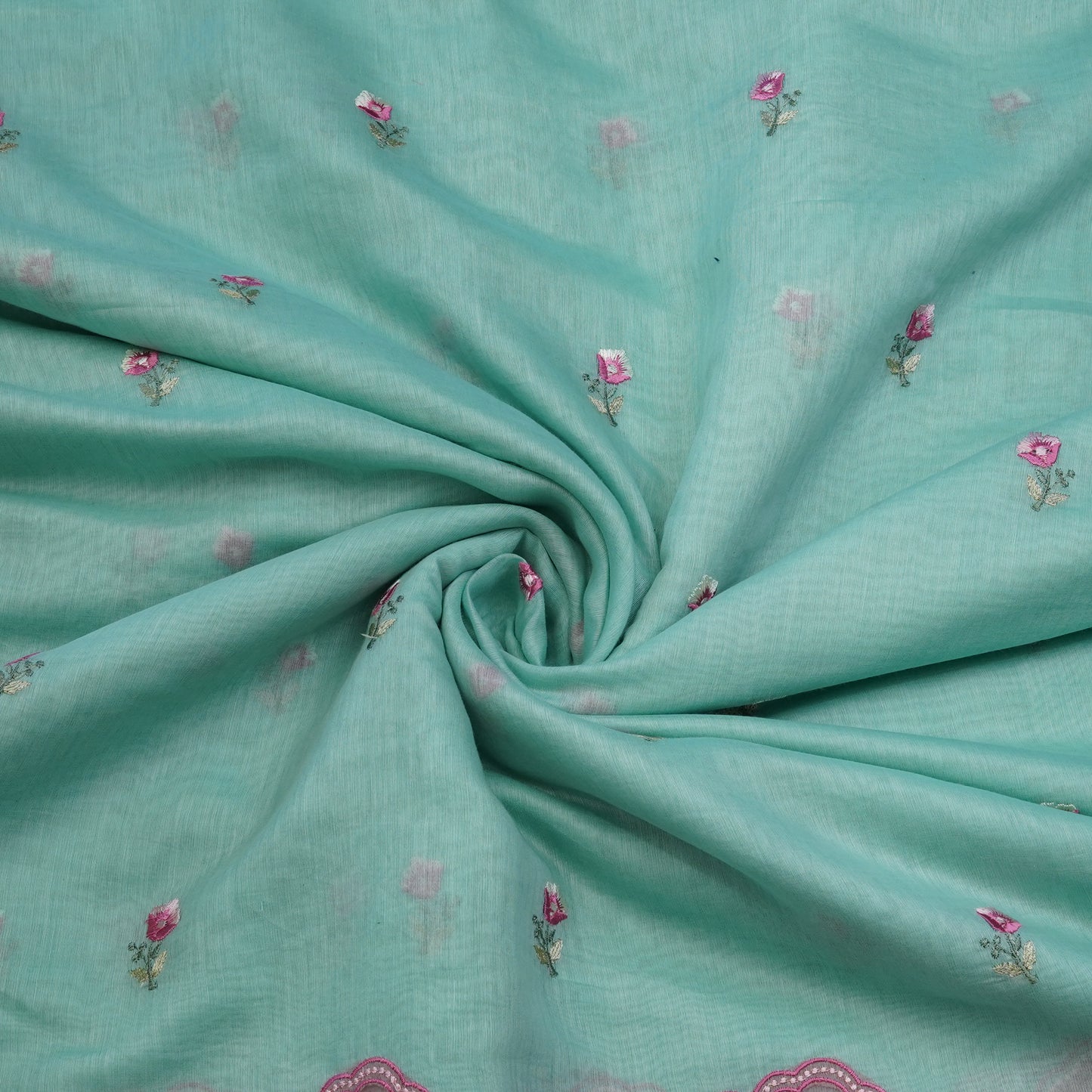 Aqua Blue Floral Border Embroidered Mul Chanderi Fabric.