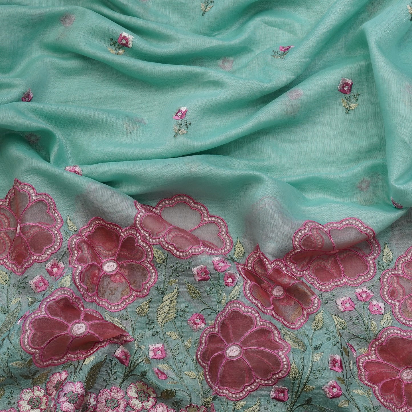 Aqua Blue Floral Border Embroidered Mul Chanderi Fabric.