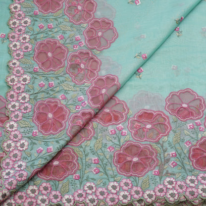 Aqua Blue Floral Border Embroidered Mul Chanderi Fabric.