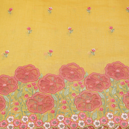 Sunshine Yellow Floral Border Embroidered Mul Chanderi Fabric.