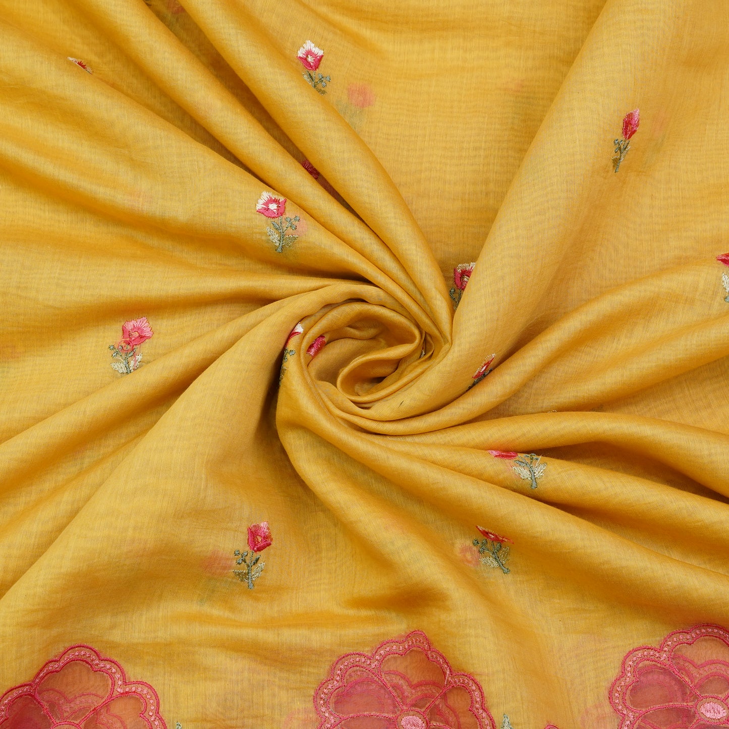 Sunshine Yellow Floral Border Embroidered Mul Chanderi Fabric.