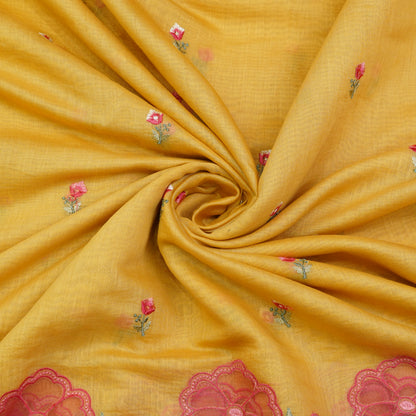 Sunshine Yellow Floral Border Embroidered Mul Chanderi Fabric.