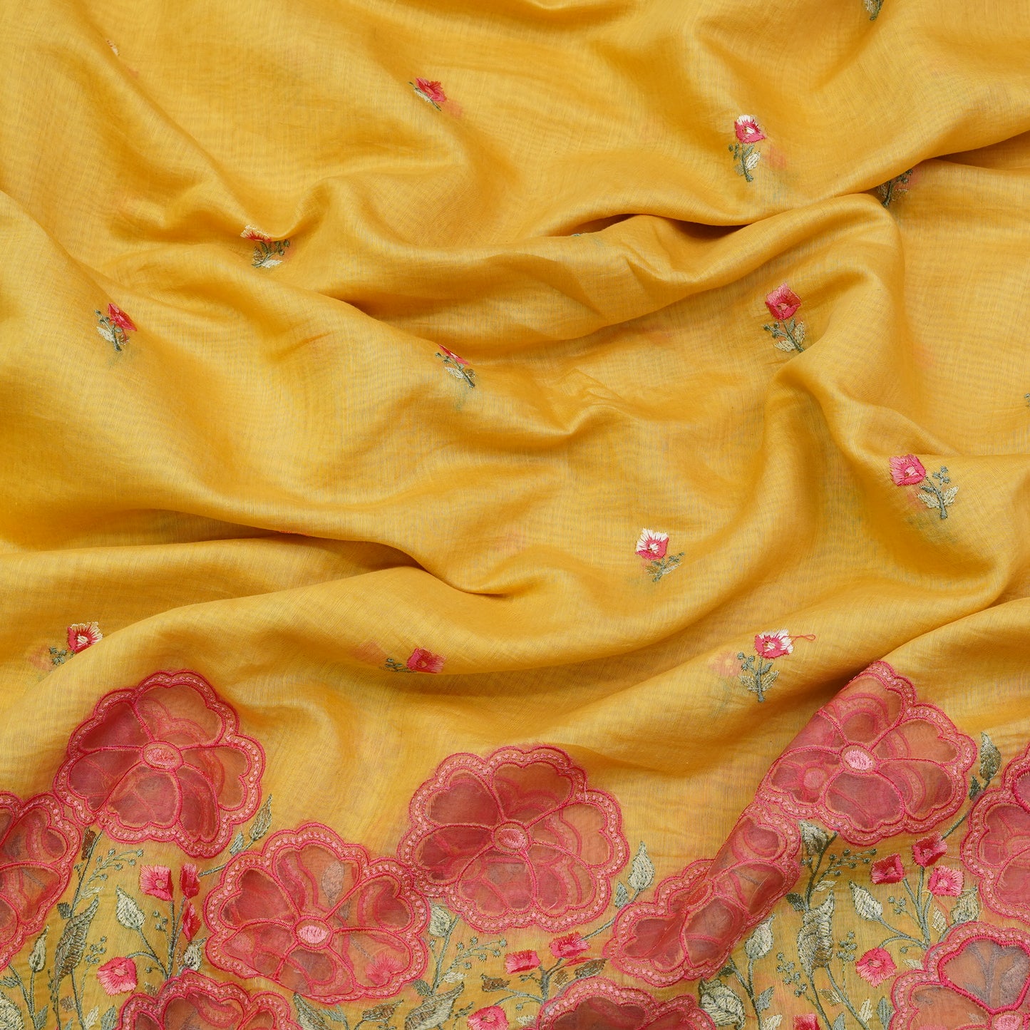 Sunshine Yellow Floral Border Embroidered Mul Chanderi Fabric.