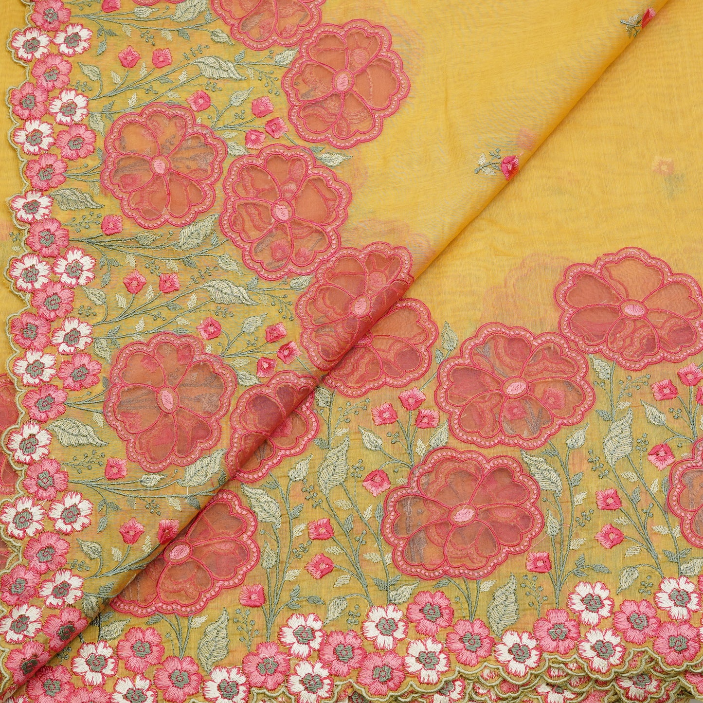 Sunshine Yellow Floral Border Embroidered Mul Chanderi Fabric.