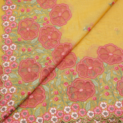 Sunshine Yellow Floral Border Embroidered Mul Chanderi Fabric.