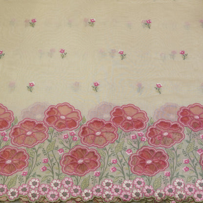Ivory Cream Floral Border Embroidered Mul Chanderi Fabric