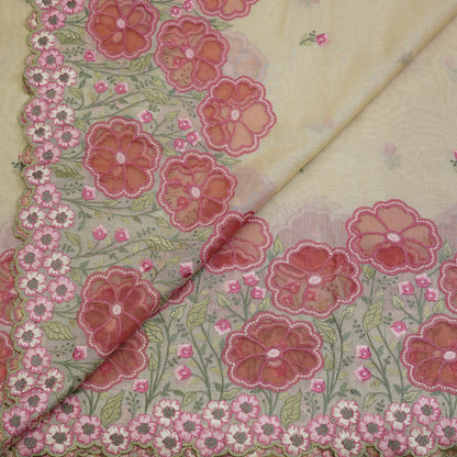 Ivory Cream Floral Border Embroidered Mul Chanderi Fabric