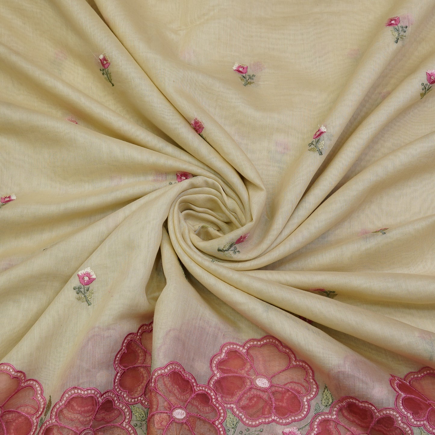 Ivory Cream Floral Border Embroidered Mul Chanderi Fabric