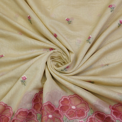 Ivory Cream Floral Border Embroidered Mul Chanderi Fabric