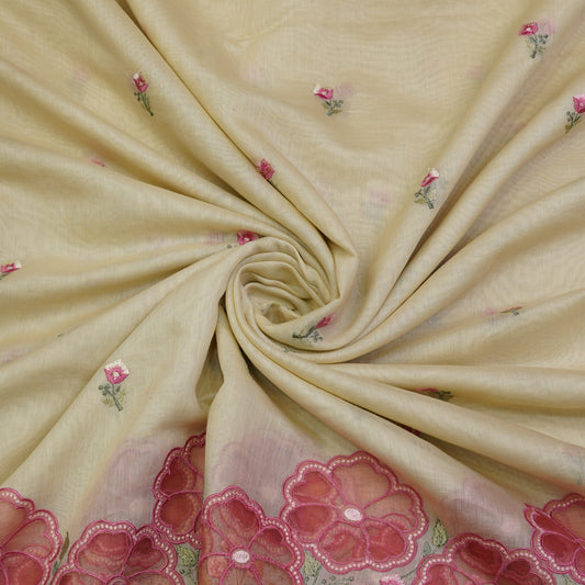 Ivory Cream Floral Border Embroidered Mul Chanderi Fabric