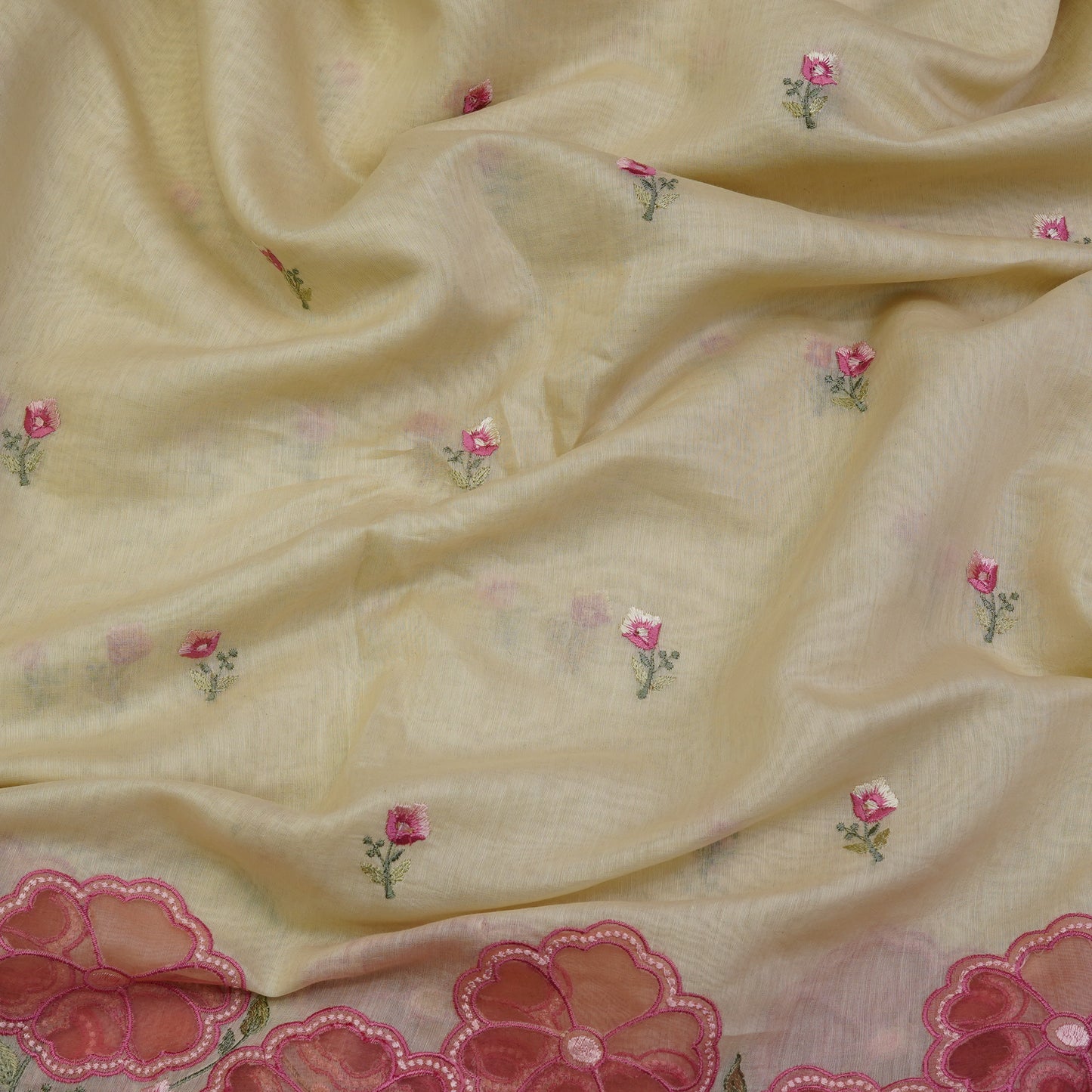 Ivory Cream Floral Border Embroidered Mul Chanderi Fabric