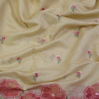 Ivory Cream Floral Border Embroidered Mul Chanderi Fabric