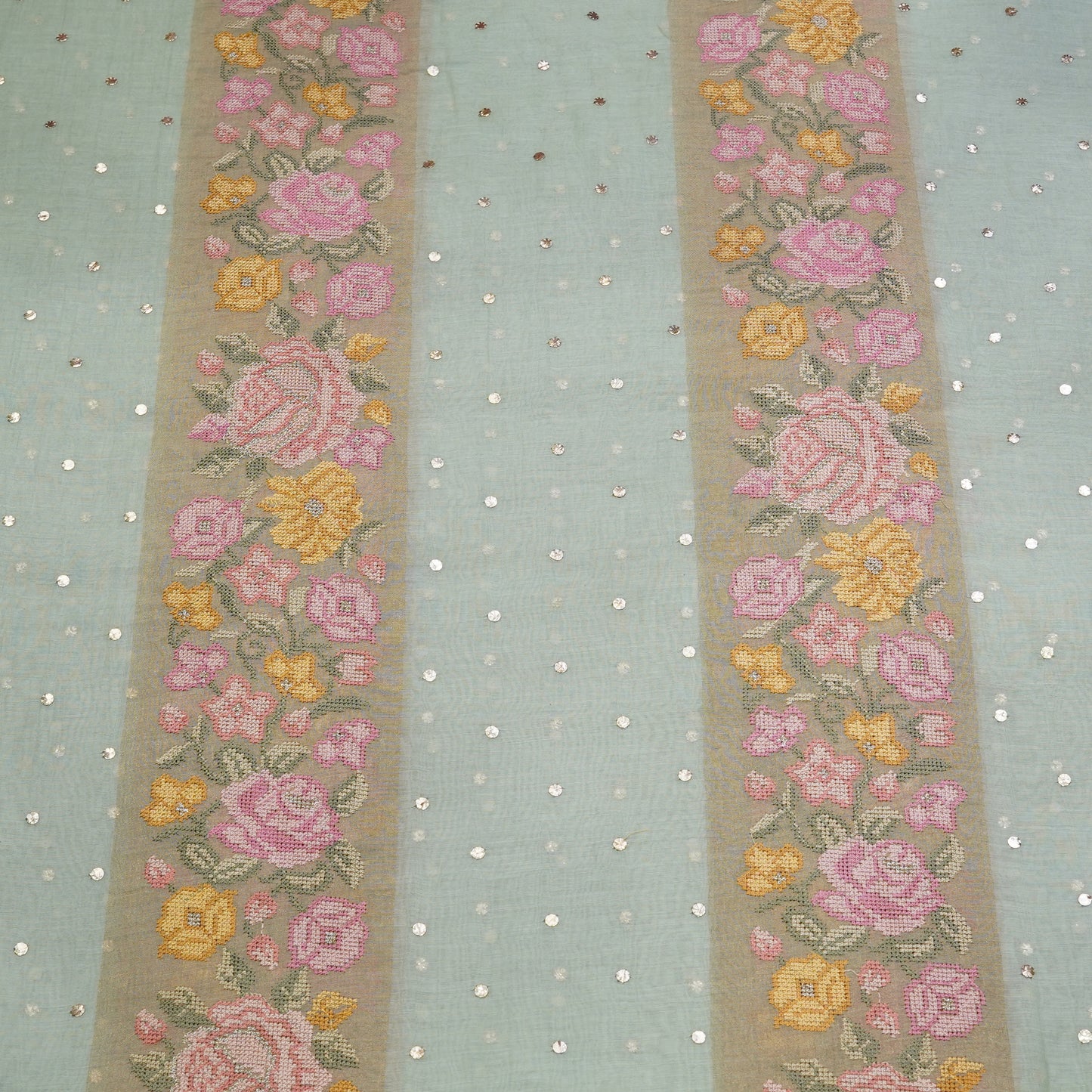 Powder Blue Floral Stripe Embroidered Mul Chanderi Fabric