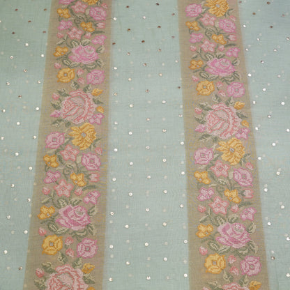 Powder Blue Floral Stripe Embroidered Mul Chanderi Fabric