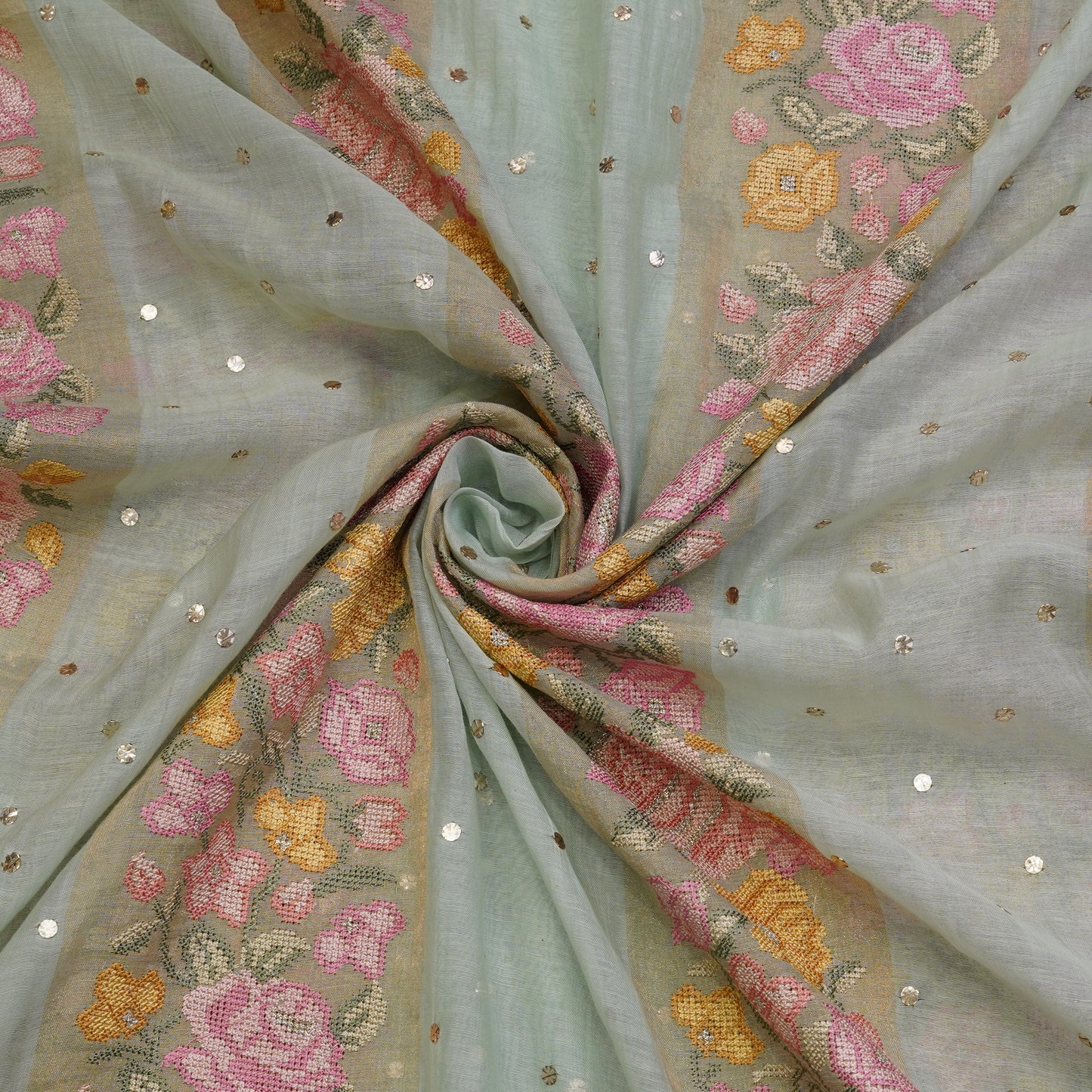 Powder Blue Floral Stripe Embroidered Mul Chanderi Fabric