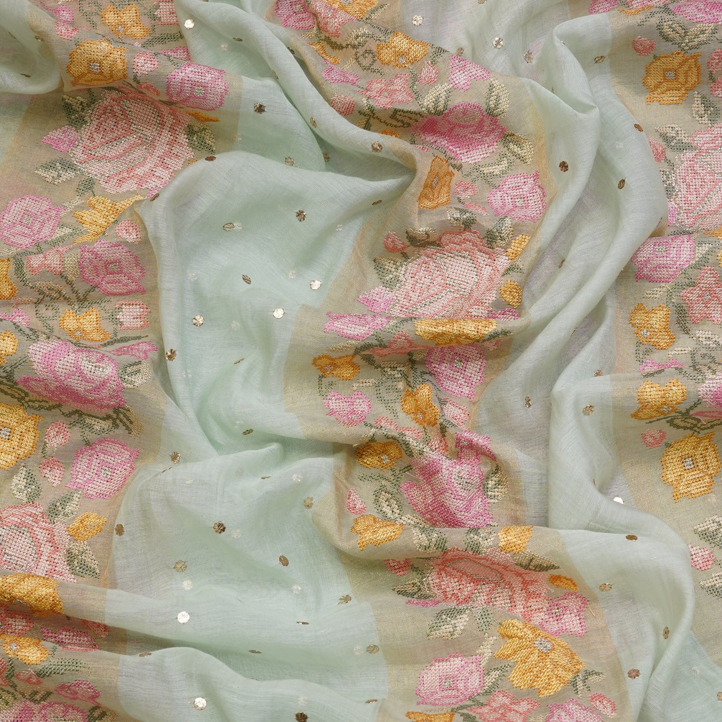 Powder Blue Floral Stripe Embroidered Mul Chanderi Fabric