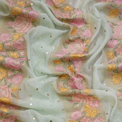 Powder Blue Floral Stripe Embroidered Mul Chanderi Fabric