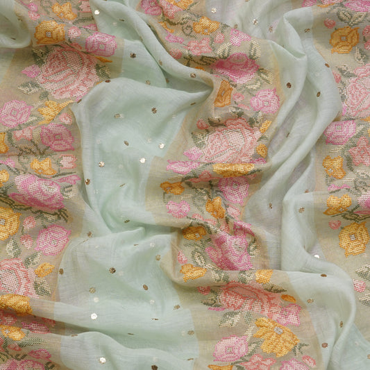 Powder Blue Floral Stripe Embroidered Mul Chanderi Fabric