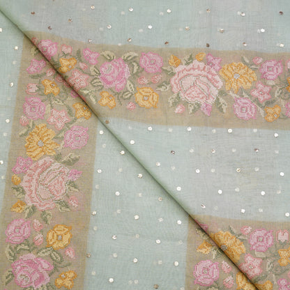 Powder Blue Floral Stripe Embroidered Mul Chanderi Fabric