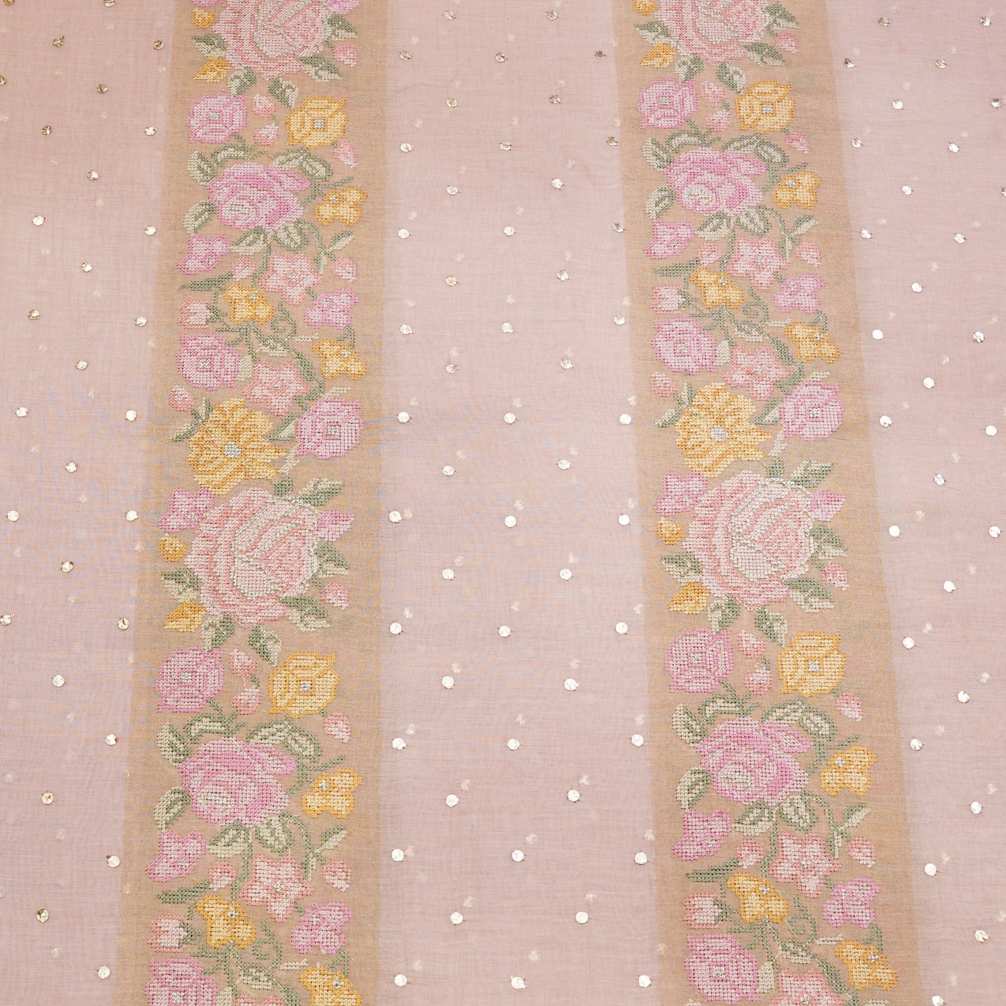 Blush Pink Floral Stripe Embroidered Mul Chanderi Fabric