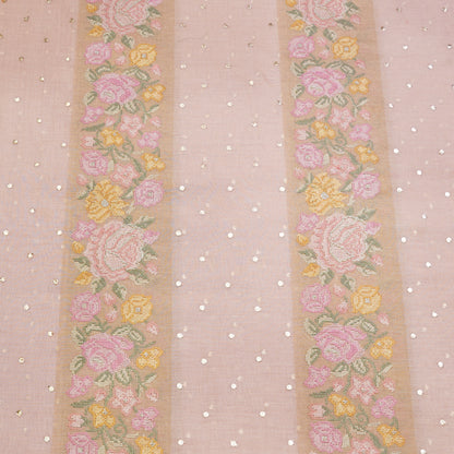Blush Pink Floral Stripe Embroidered Mul Chanderi Fabric