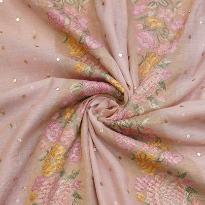 Blush Pink Floral Stripe Embroidered Mul Chanderi Fabric