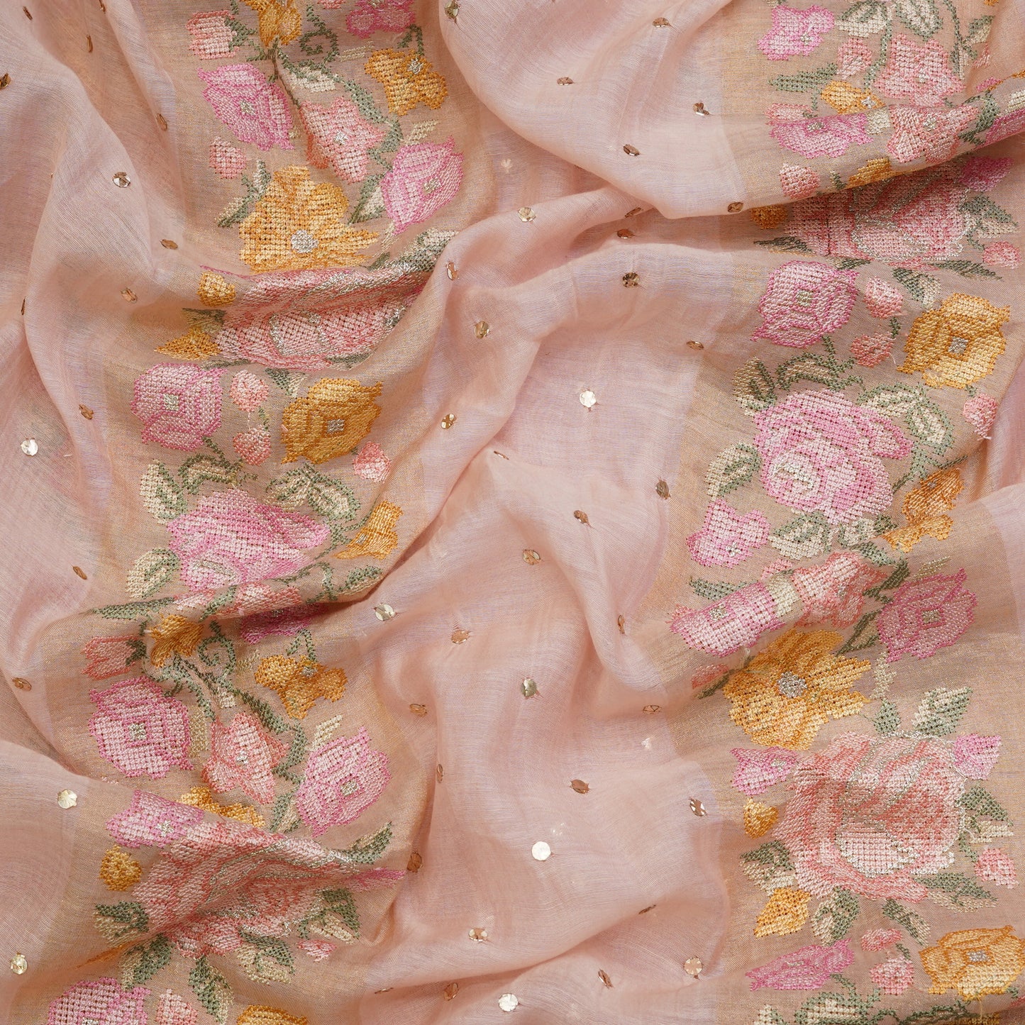 Blush Pink Floral Stripe Embroidered Mul Chanderi Fabric